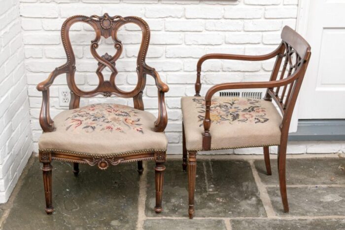 vintage regency style carved needlepoint armchairs set of 2 8678