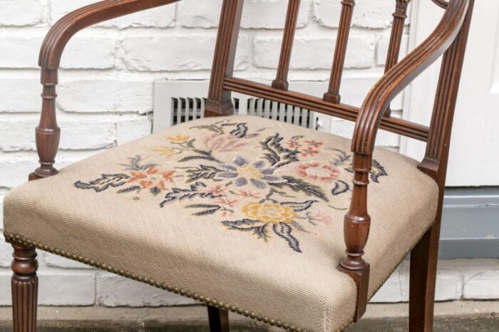 vintage regency style carved needlepoint armchairs set of 2 8890