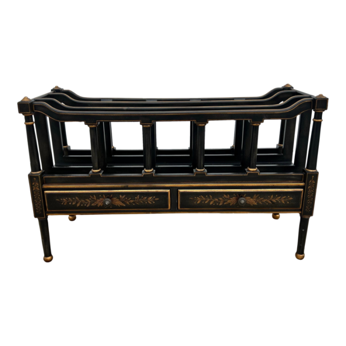 vintage regency style ebony textured and gilt wood canterbury magazine rack in the style of maitland smith 0981