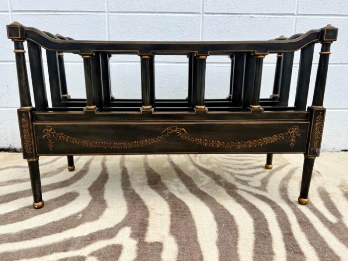 vintage regency style ebony textured and gilt wood canterbury magazine rack in the style of maitland smith 4148