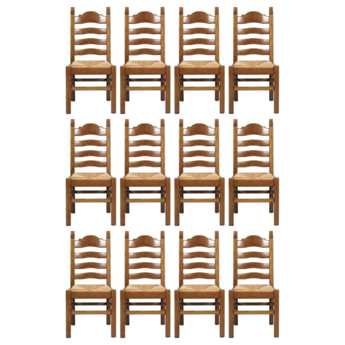 vintage renaissance style italian carved walnut and straw dining chairs 1950s set of 12 3