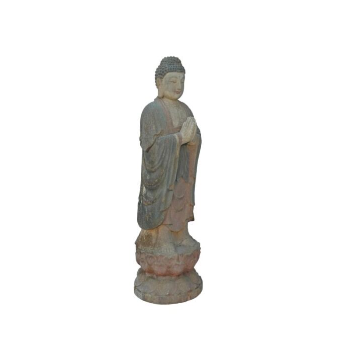 vintage rustic wood anjali mudra standing buddha amitabha shakyamuni statue 1323