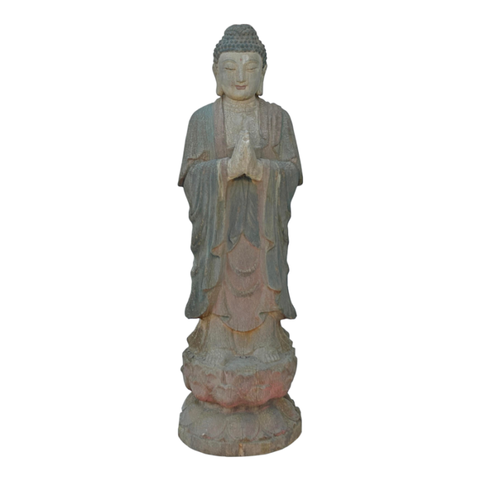 vintage rustic wood anjali mudra standing buddha amitabha shakyamuni statue 3733