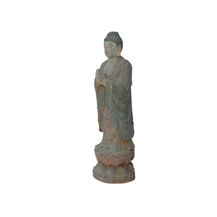 vintage rustic wood anjali mudra standing buddha amitabha shakyamuni statue 5989