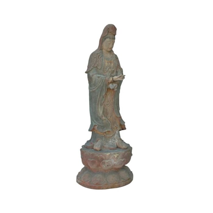 vintage rustic wood apana mudra standing bodhisattva guan yin statue 4452