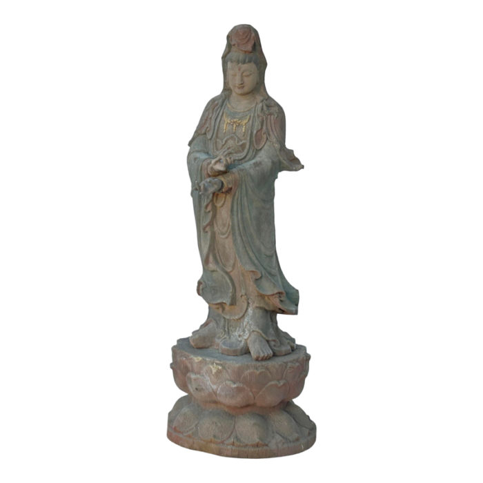 vintage rustic wood apana mudra standing bodhisattva guan yin statue 9277