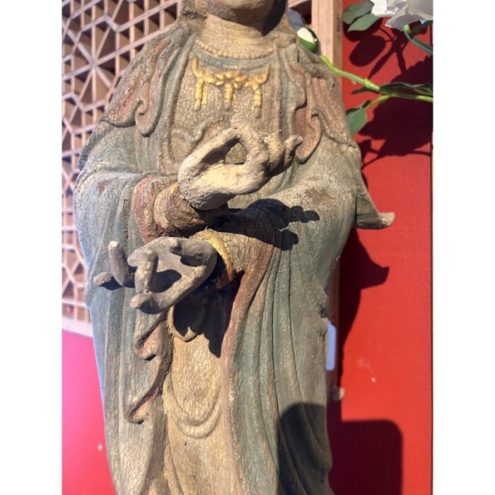 vintage rustic wood apana mudra standing bodhisattva guan yin statue 9729