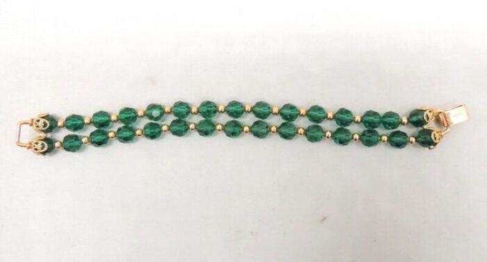 vintage signed napier 2 strand faceted green glass beaded bracelet 0838