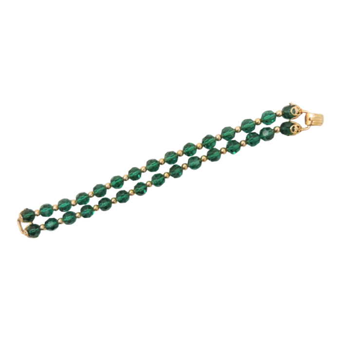 vintage signed napier 2 strand faceted green glass beaded bracelet 7012