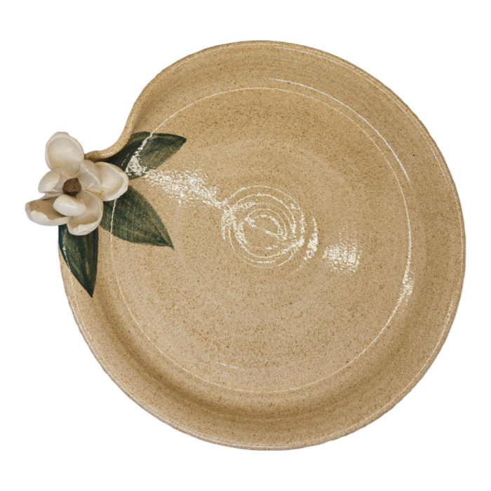 vintage stoneware pottery dish with applied magnolia 7815