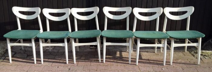 vintage white lacquered wood green wool dining chairs 1970s set of 6 10