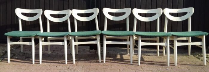 vintage white lacquered wood green wool dining chairs 1970s set of 6 8