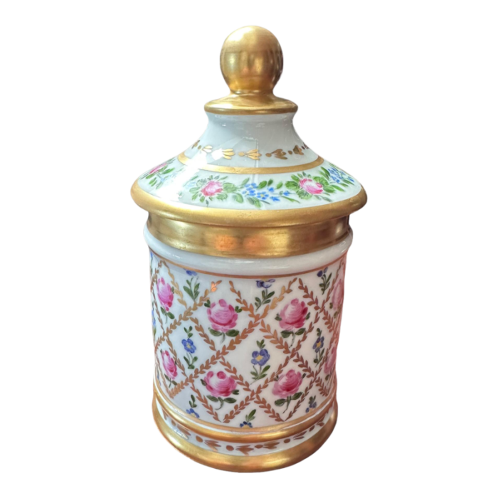 vtg porcelain small container jar gold lid pink and light blue roses with small green leaves lattice hand painted gilded limoges signed made in france 9145