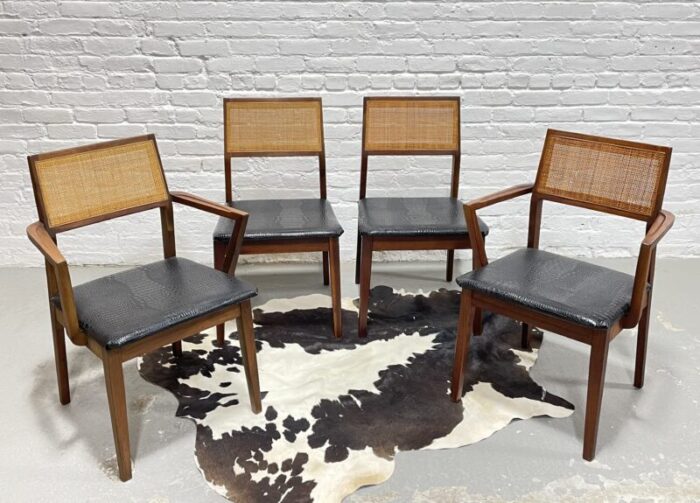 walnut mid century modern caned dining chairs set of four 0143