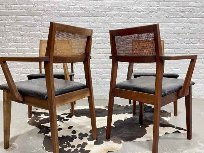 walnut mid century modern caned dining chairs set of four 7474