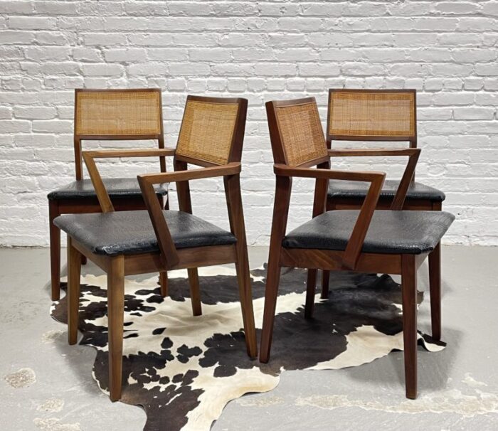 walnut mid century modern caned dining chairs set of four 7896