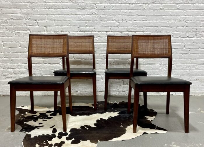 walnut mid century modern caned dining chairs set of four 8436