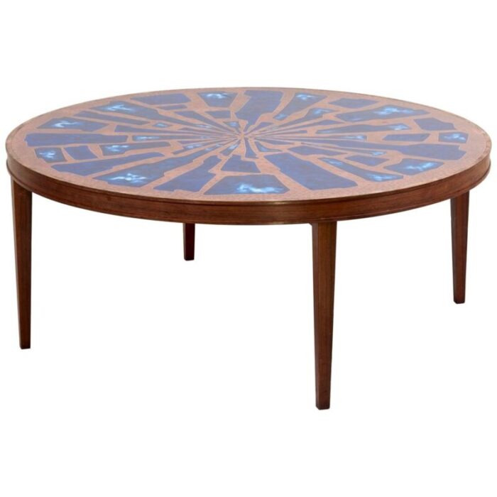 wood coffee table with copper and enamel style top 1970s 1