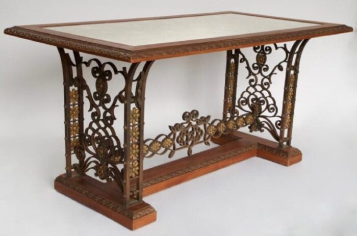 wrought iron mahogany console table 1950s 2