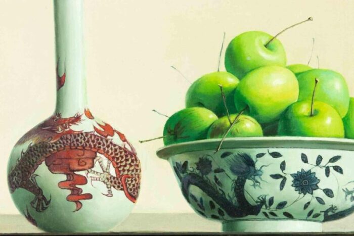 zhang wei guang still life with apples and bottle oil painting 2006 7157